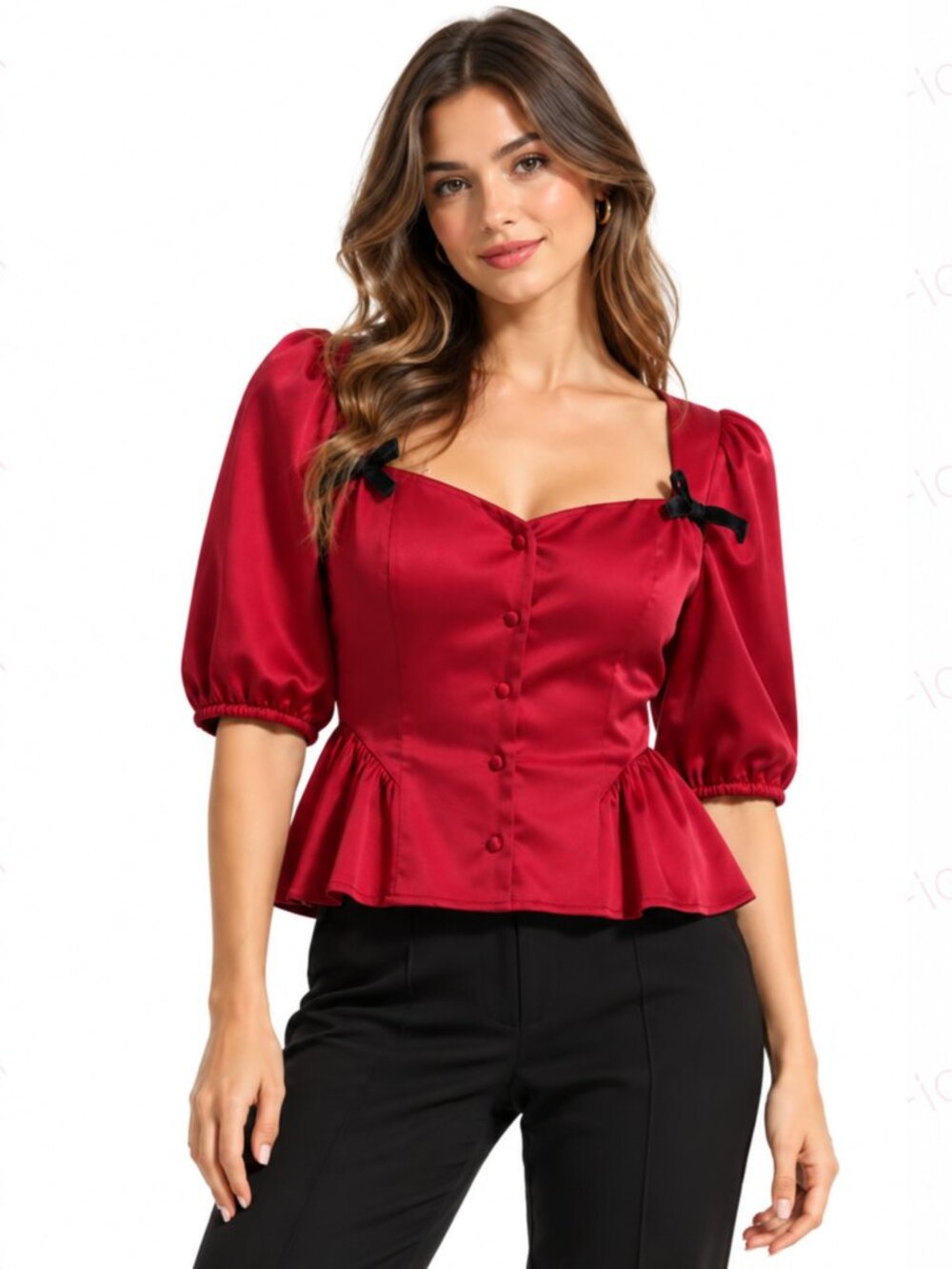 LUSH Wine Satin Peplum Top Size S NWT Puff Sleeve Bow Blouse